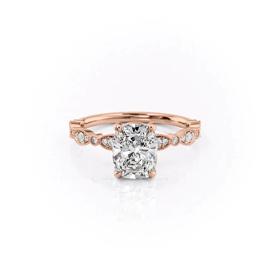 The Jasmine Set With A 1.5 Carat Elongated Cushion Lab Diamond