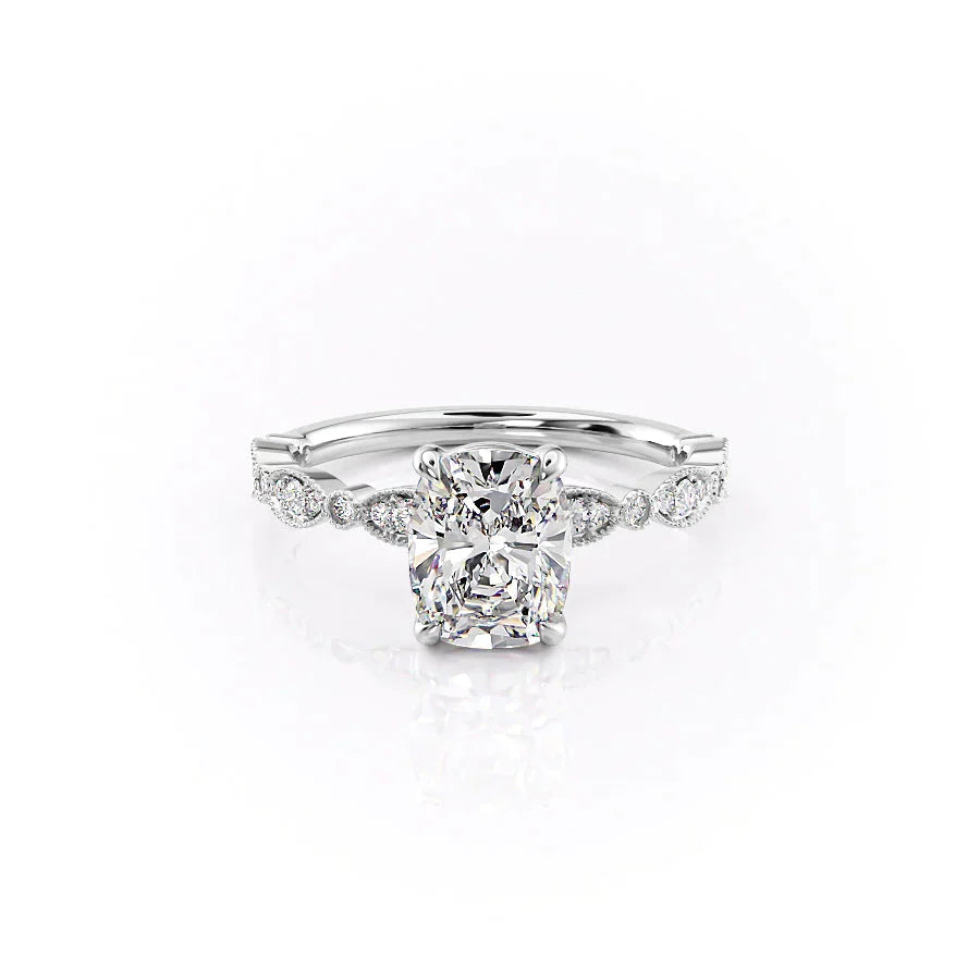 The Jasmine Set With A 1.5 Carat Elongated Cushion Lab Diamond