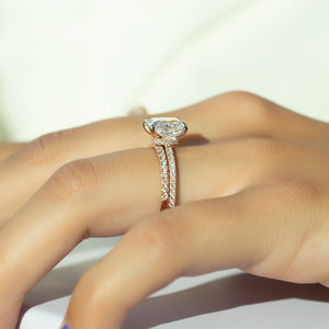 The Nelly Set With A 3.5 Carat Elongated Cushion Moissanite
