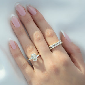 The Liv Set With A 2.5 Carat Elongated Cushion Moissanite