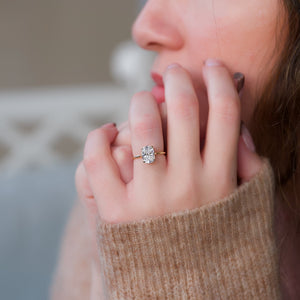 The Maia Set With A 2.5 Carat Elongated Cushion Moissanite