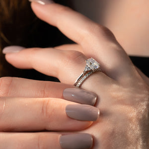 The Scarlett Set With A 2.5 Carat Elongated Cushion Moissanite