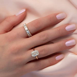 The Natalie Set With A 2.5 Carat Elongated Cushion Moissanite