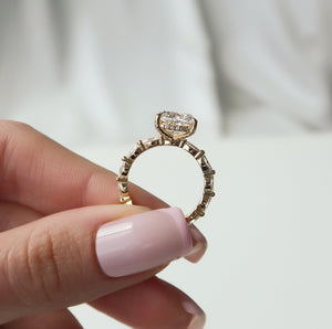 The Lucia Set With A 2 Carat Elongated Cushion Moissanite
