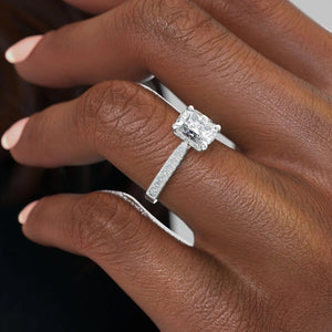 The Catherine Set With A 2 Carat Elongated Cushion Moissanite