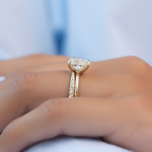 The Ashley Set With A 2.5 Carat Elongated Cushion Moissanite