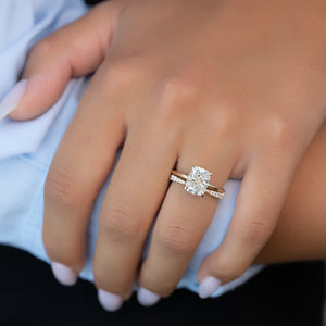 The Ashley Set With A 2.5 Carat Elongated Cushion Moissanite
