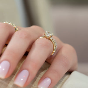 The Ashley Set With A 2.5 Carat Elongated Cushion Moissanite
