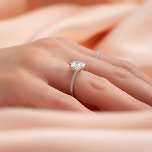 The Ashley Set With A 2.5 Carat Elongated Cushion Moissanite