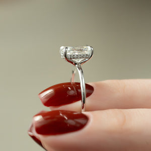 The Sarah Set With A 2.5 Carat Elongated Cushion Moissanite
