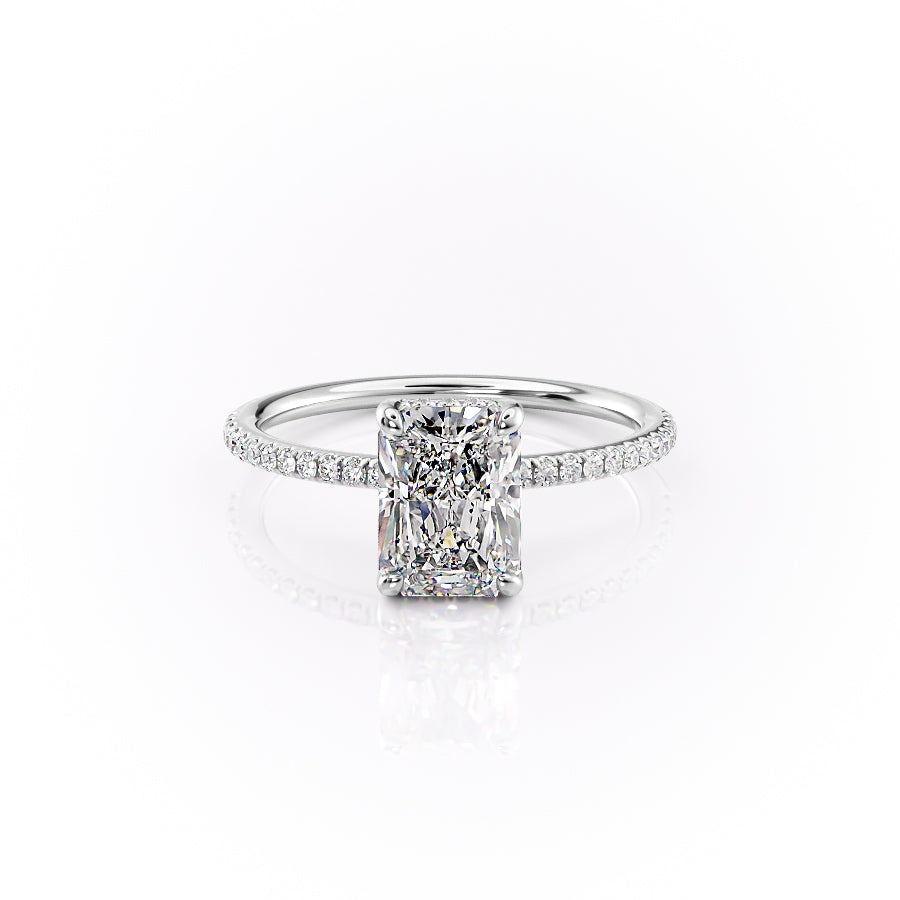 The Pave Sarah Set With A 1.5 Carat Radiant Moissanite