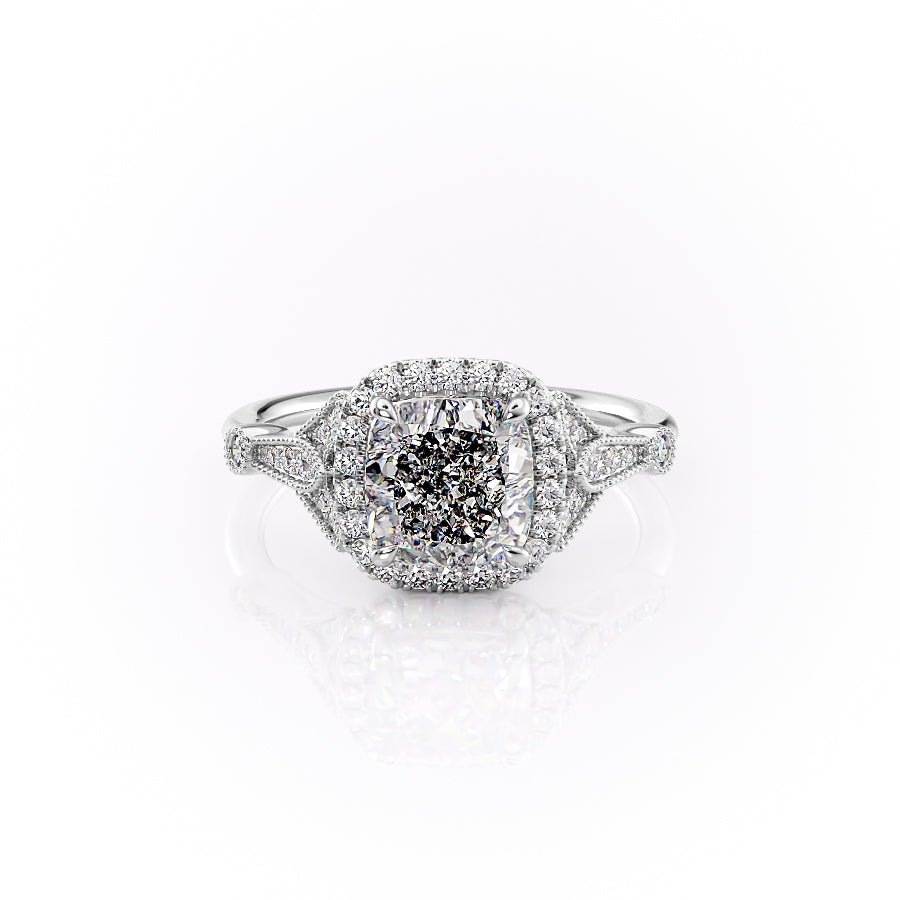 The Halo Stephanie Set With A 4 Carat Cushion Moissanite