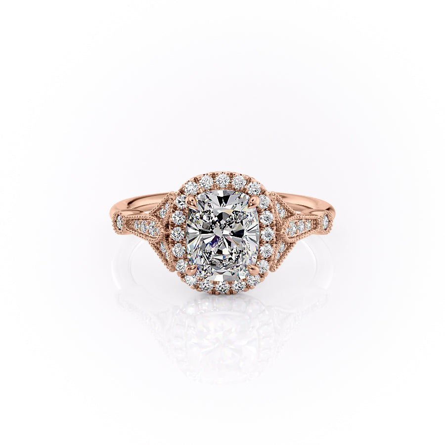 The Halo Stephanie Set With A 2.5 Carat Elongated Cushion Lab Diamond