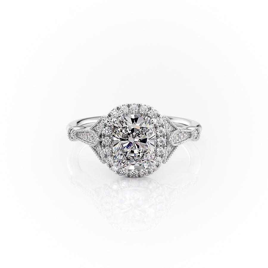 The Halo Stephanie Set With A 1.5 Carat Elongated Cushion Lab Diamond