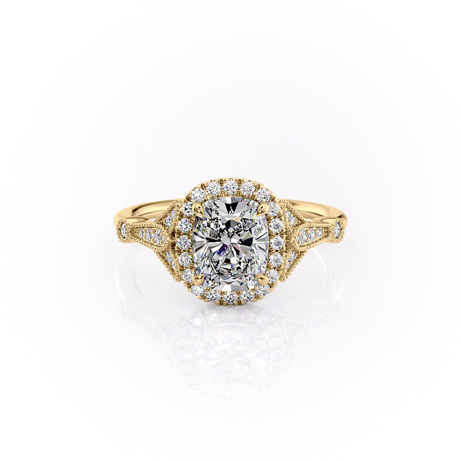 The Halo Stephanie Set With A 1.5 Carat Elongated Cushion Moissanite