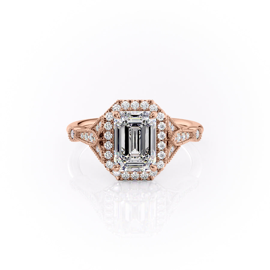 The Halo Stephanie Set With A 4.5 Carat Emerald Moissanite
