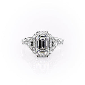The Halo Stephanie Set With A 3 Carat Emerald Lab Diamond