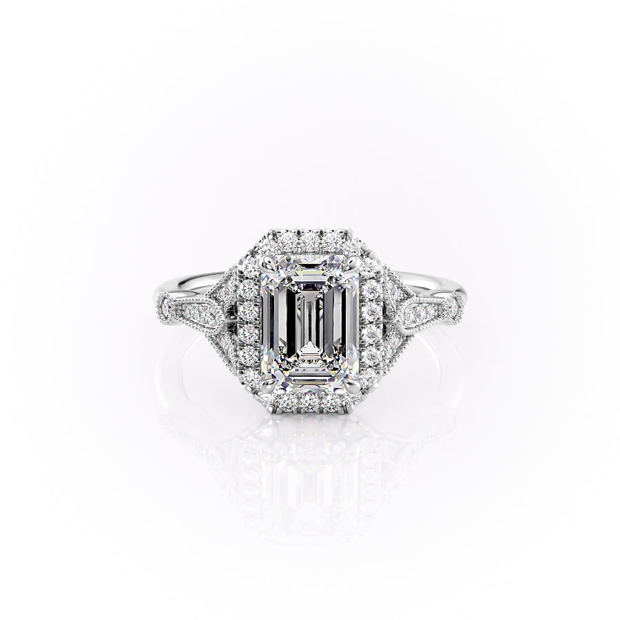 The Halo Stephanie Set With A 1 Carat Emerald Moissanite