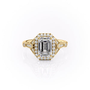 The Halo Stephanie Set With A 2.5 Carat Emerald Moissanite