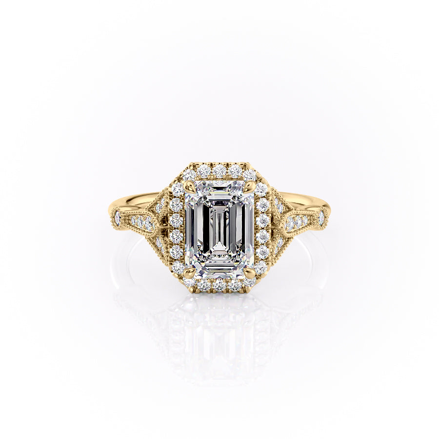 The Halo Stephanie Set With A 1 Carat Emerald Moissanite