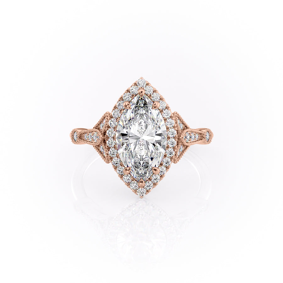The Halo Stephanie Set With A 2.5 Carat Marquise Lab Diamond