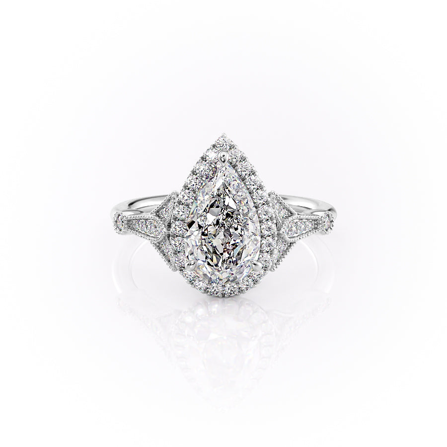 The Halo Stephanie Set With A 3 Carat Pear Moissanite