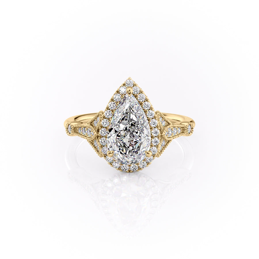 The Halo Stephanie Set With A 1.5 Carat Pear Moissanite