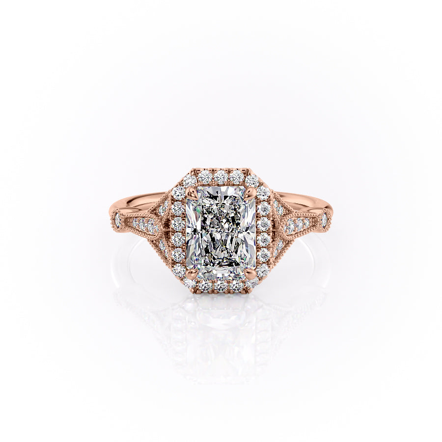 The Halo Stephanie Set With A 4.5 Carat Radiant Moissanite