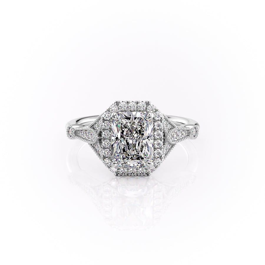 The Halo Stephanie Set With A 1 Carat Radiant Moissanite
