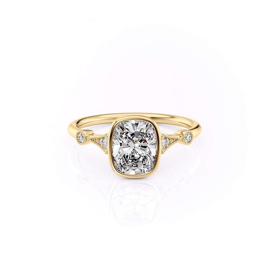 The Bezel Amber Set With A 1.5 Carat Elongated Cushion Moissanite