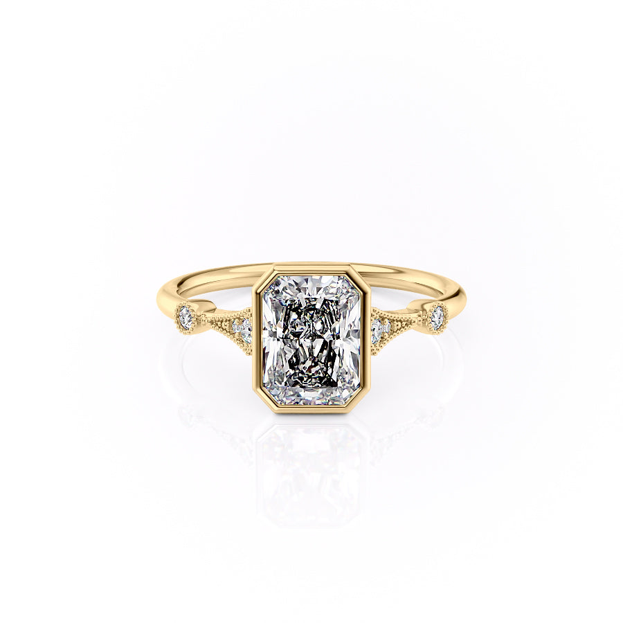 The Bezel Amber Set With A 1.5 Carat Radiant Moissanite